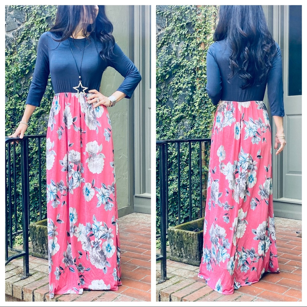 ✨LAST ONE✨CHARCOAL FLORAL SIDE POCKETS MAXI DRESS - Picture 7 of 13